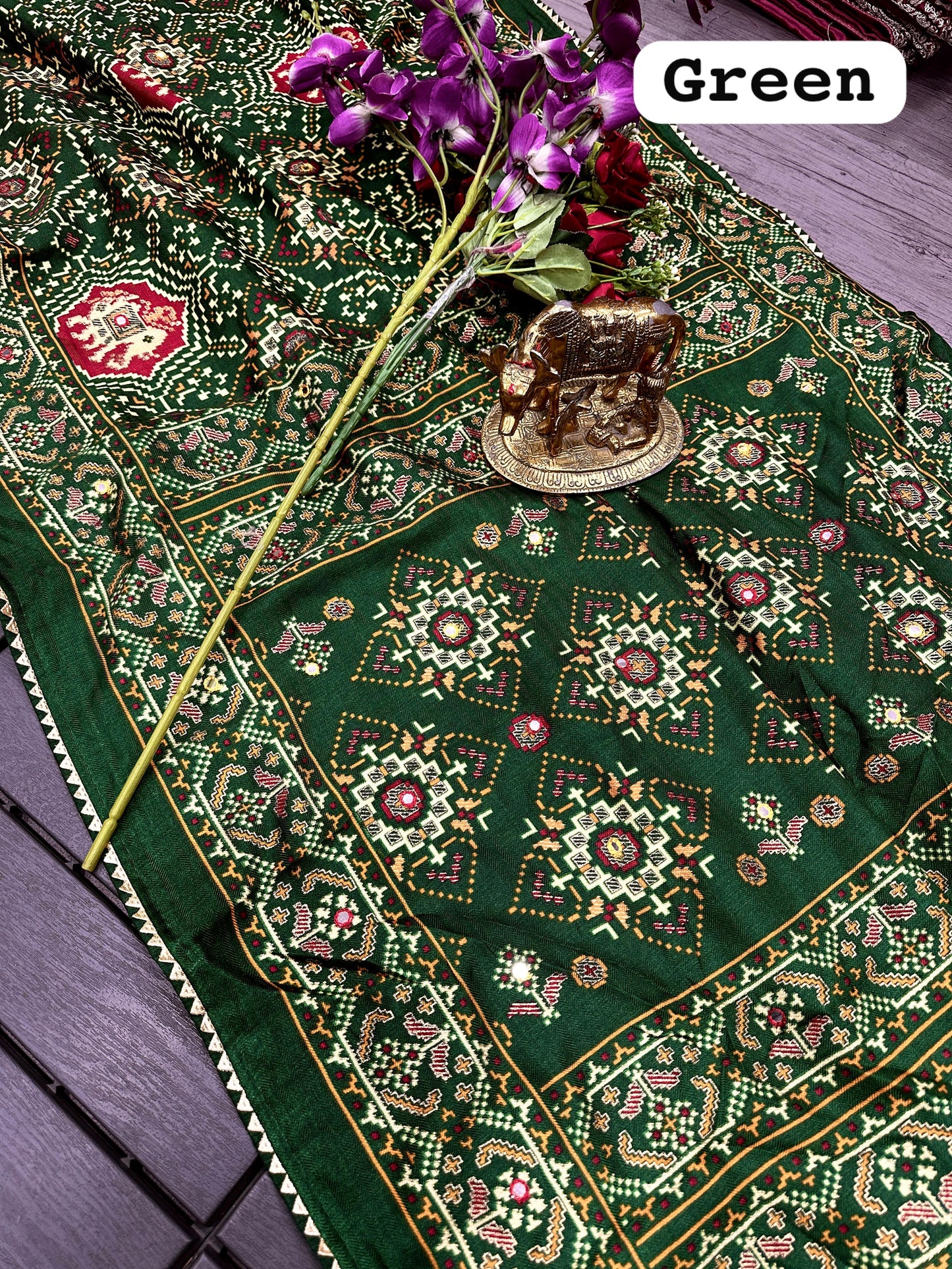 Pure Dola Silk Patola Saree with Printed Blouse | Mirror Work | TheUrbanethnics
