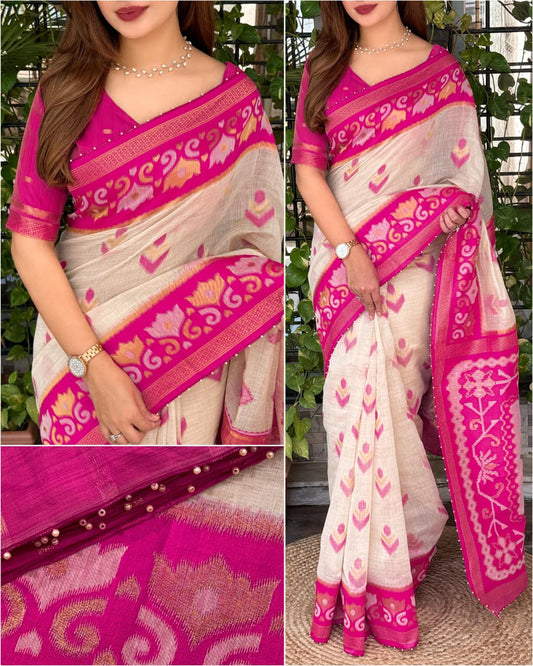 Manvi Designer Linen Cotton Saree with Running Blouse | Zari & Pearl Work