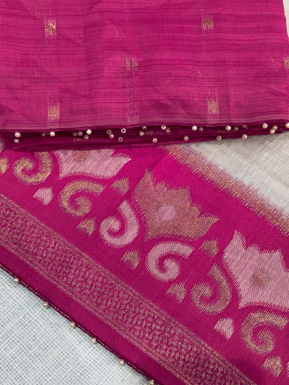 Manvi Designer Linen Cotton Saree with Running Blouse | Zari & Pearl Work