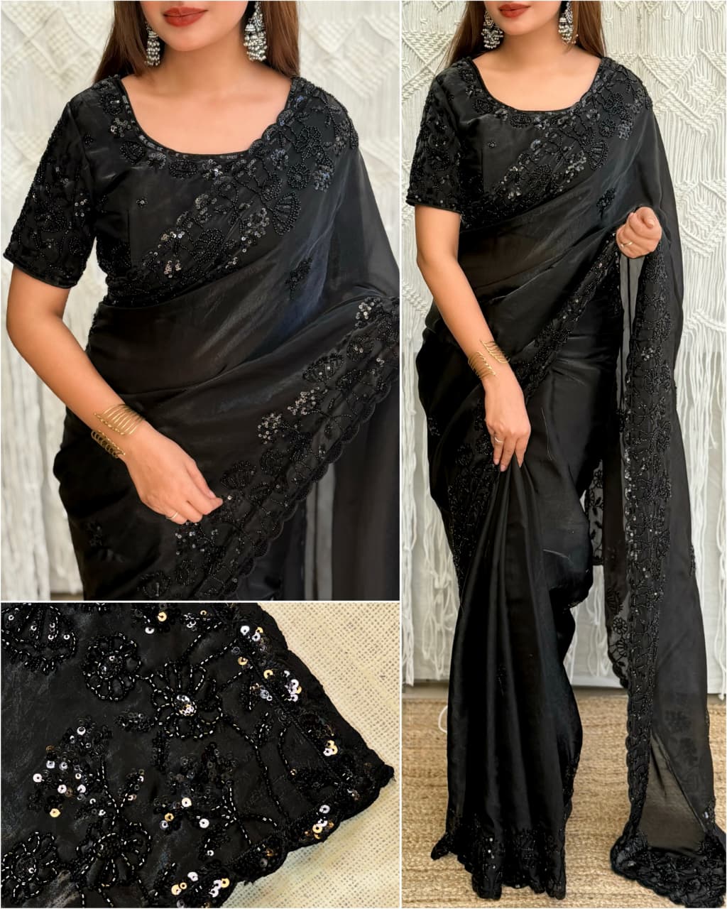 Fandy Satin Stone Embroidery Saree With Unstitched Blouse