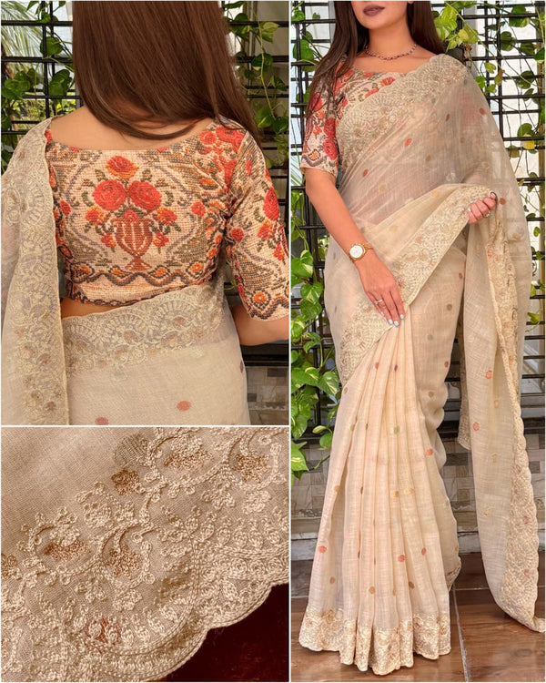 Beige Cotton Linen Saree with Embroidered Border & Digital Print Blouse
