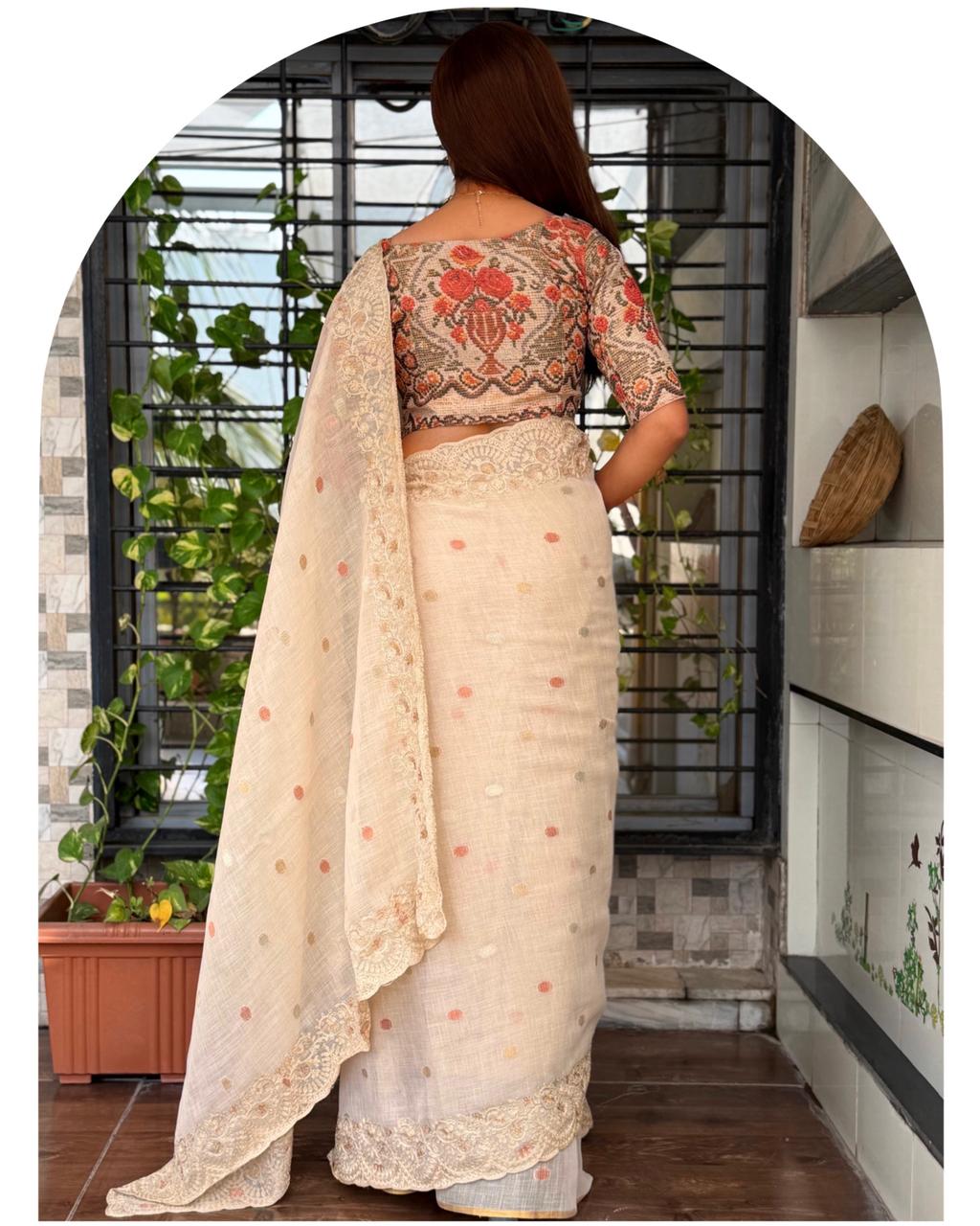 Beige Cotton Linen Saree with Embroidered Border & Digital Print Blouse