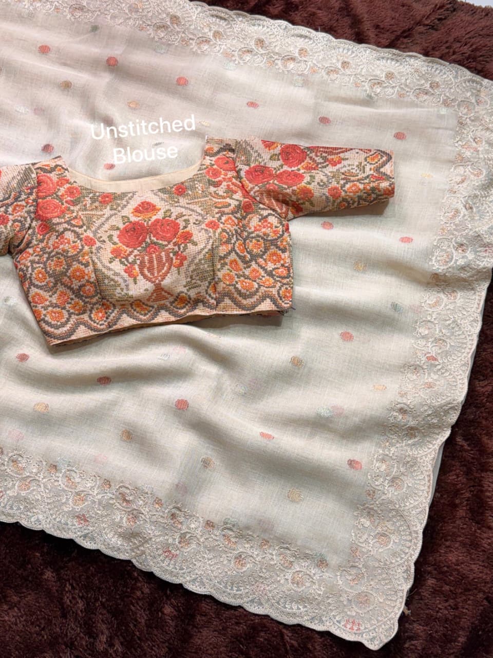 Beige Cotton Linen Saree with Embroidered Border & Digital Print Blouse
