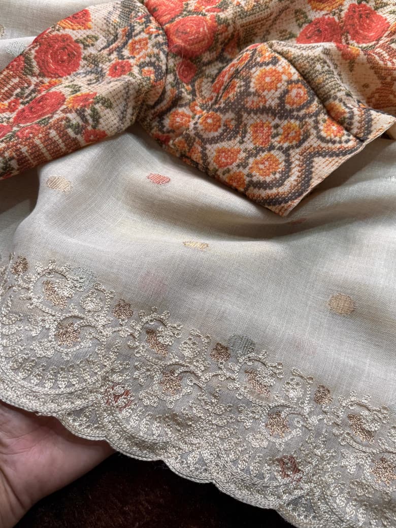 Beige Cotton Linen Saree with Embroidered Border & Digital Print Blouse