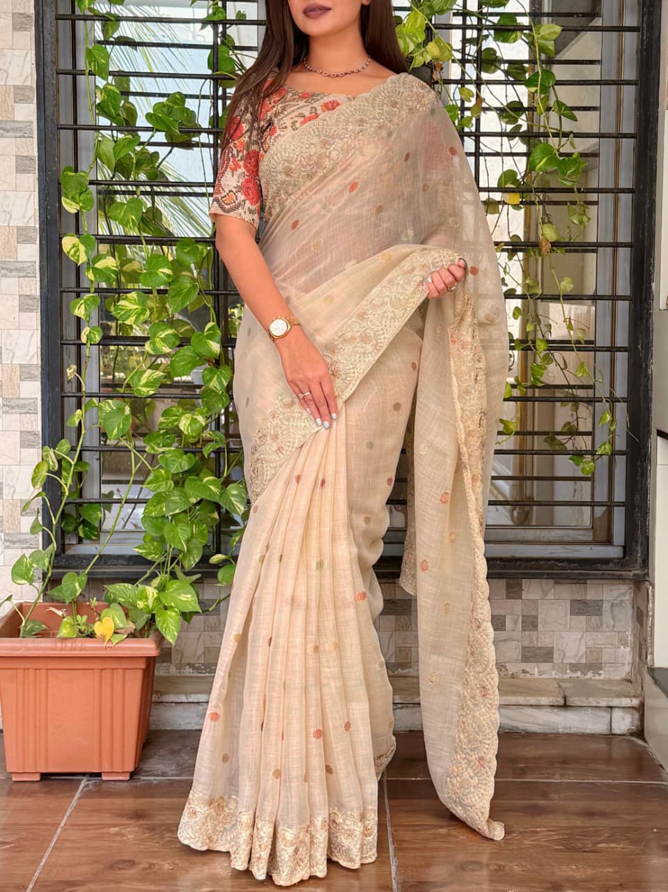 Beige Cotton Linen Saree with Embroidered Border & Digital Print Blouse