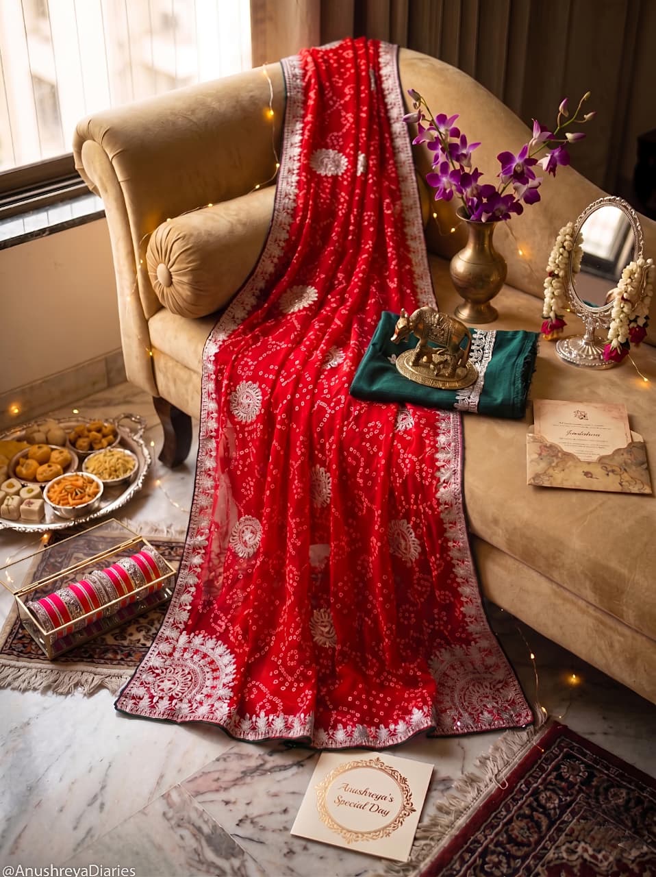 Pure Georgette Bandhani Print Saree with Pita Work & Contrast Raw Silk Blouse