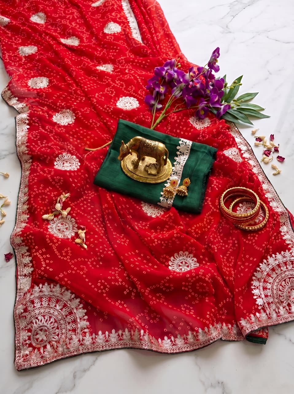 Pure Georgette Bandhani Print Saree with Pita Work & Contrast Raw Silk Blouse