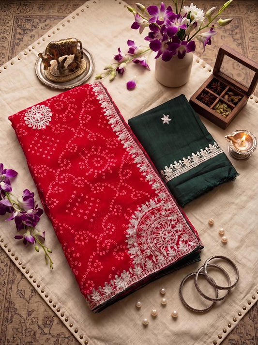 Pure Georgette Bandhani Print Saree with Pita Work & Contrast Raw Silk Blouse