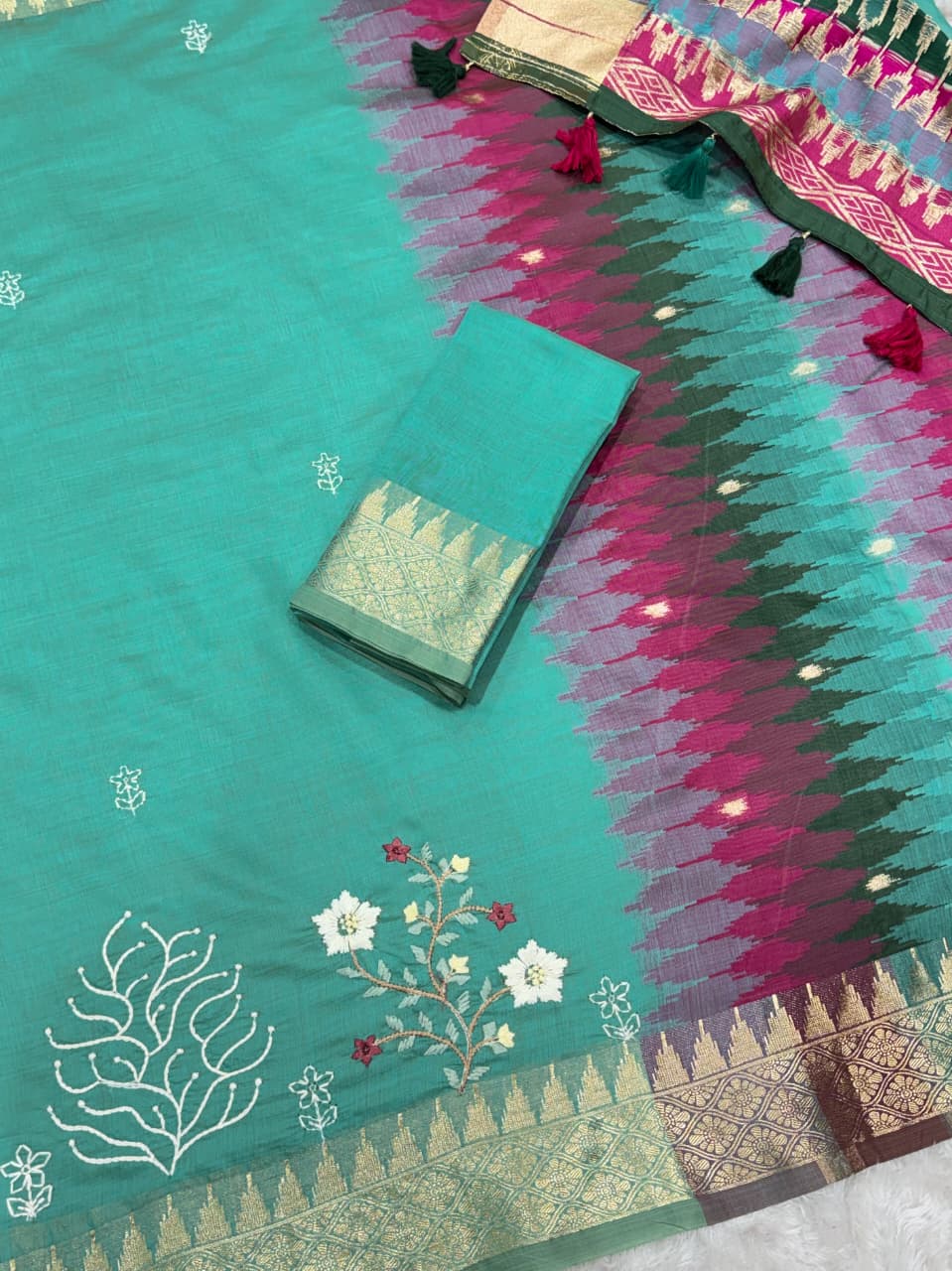 Tusser Cotton Saree | Kashmiri Thread Embroidery & Zari Weaving Border with Blouse