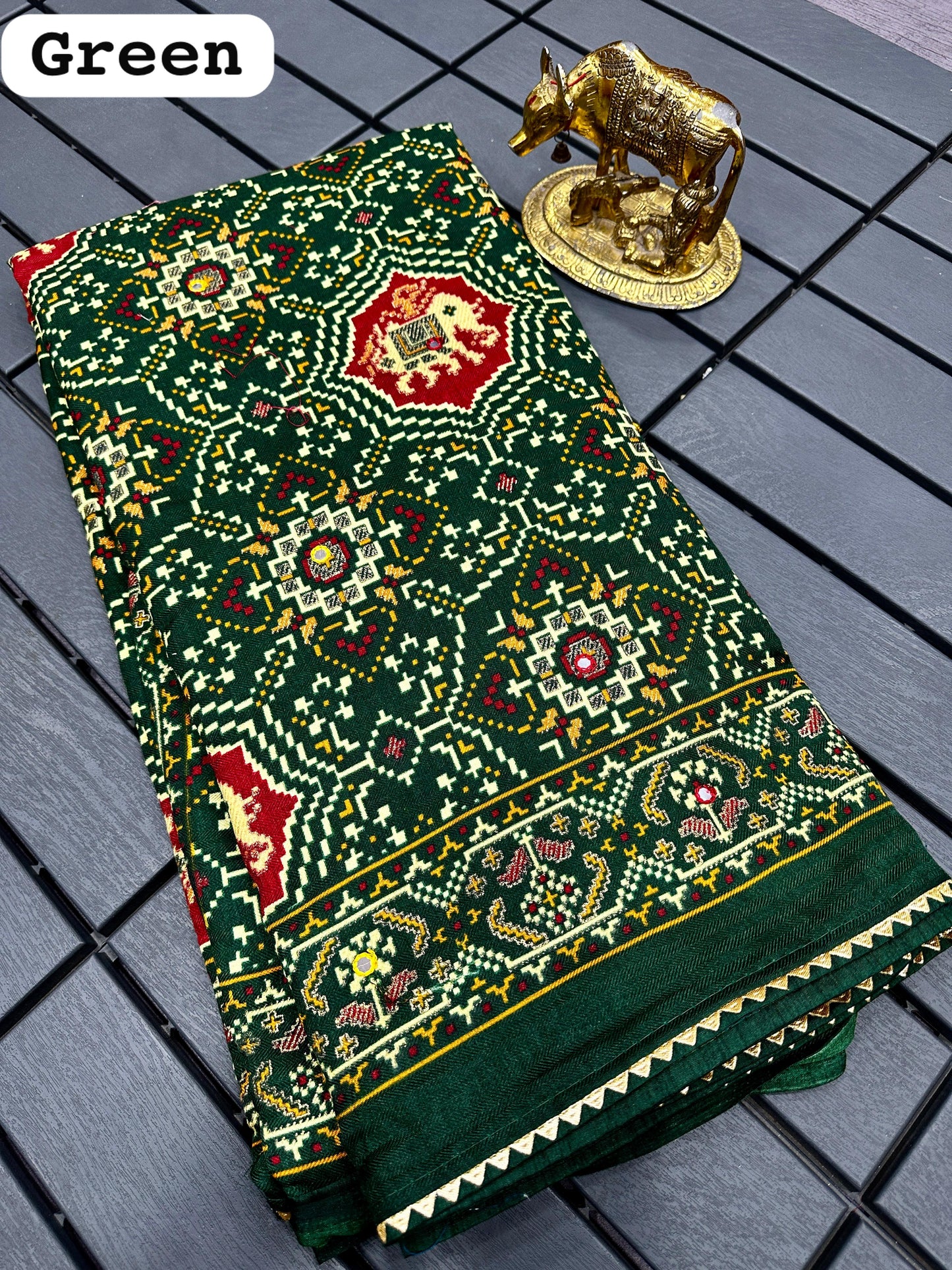 Pure Dola Silk Patola Saree with Printed Blouse | Mirror Work | TheUrbanethnics