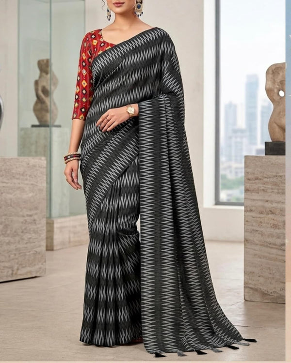 TheUrbanethnics Women's Geometric Printed Crepe Saree with Foil Print Cotton Blouse Piece | Summer Ethnic Wear