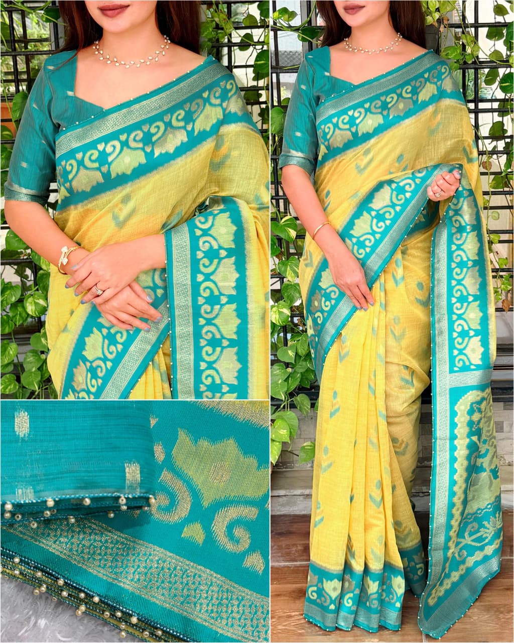 Manvi Designer Linen Cotton Saree with Running Blouse | Zari & Pearl Work