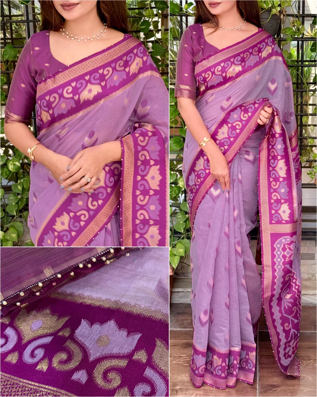 Manvi Designer Linen Cotton Saree with Running Blouse | Zari & Pearl Work