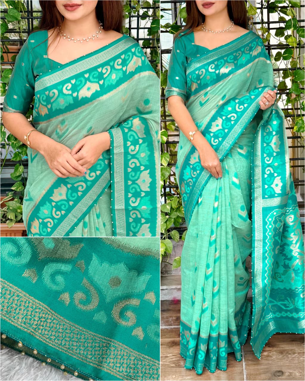 Manvi Designer Linen Cotton Saree with Running Blouse | Zari & Pearl Work
