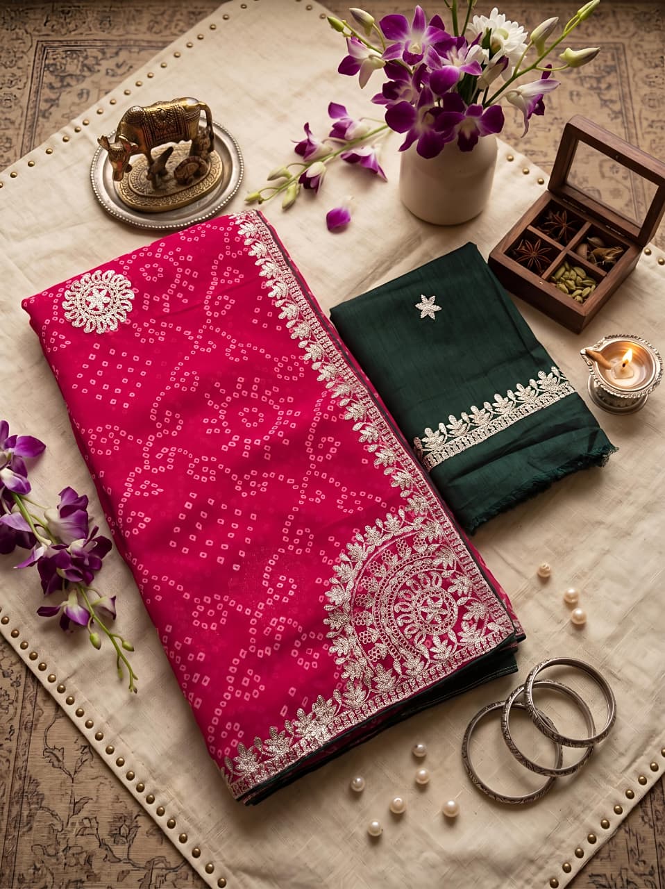 Pure Georgette Bandhani Print Saree with Pita Work & Contrast Raw Silk Blouse