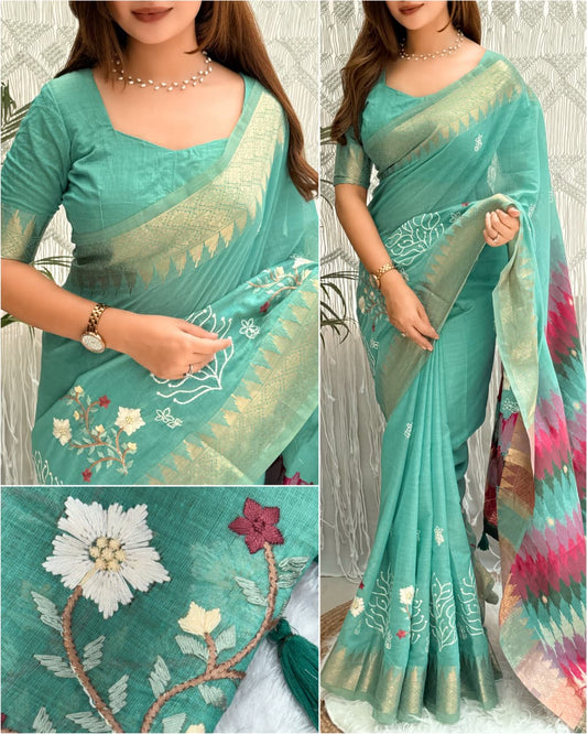 Tusser Cotton Saree | Kashmiri Thread Embroidery & Zari Weaving Border with Blouse