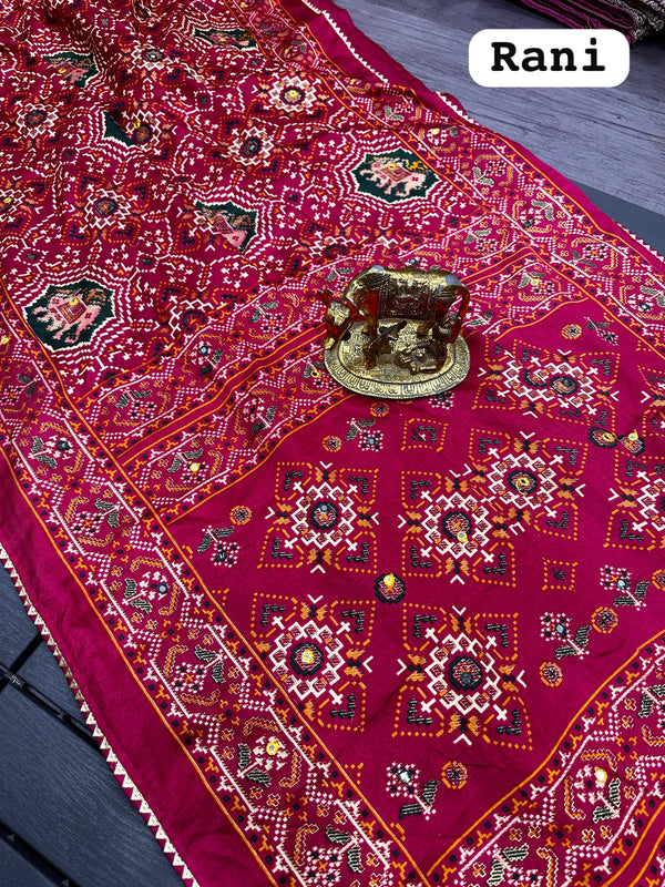 Pure Dola Silk Patola Saree with Printed Blouse | Mirror Work | TheUrbanethnics