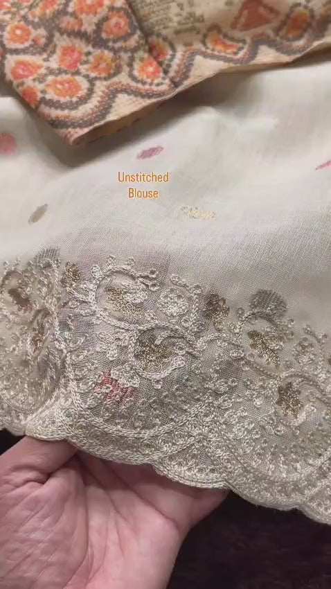 Beige Cotton Linen Saree with Embroidered Border & Digital Print Blouse